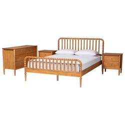 Baxton Studio Lucera Mid-Century Oak Brown Queen Size 4-Piece Bobbin Bedroom Set